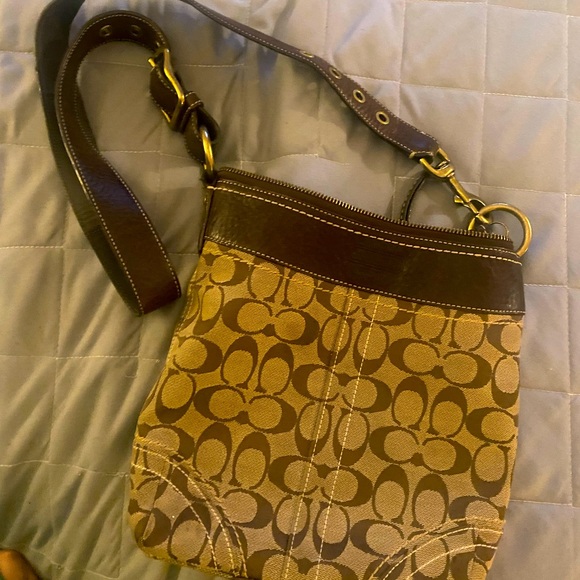 Coach Crossbody bag - brown/tan - signature Coach logo - worn - good condition